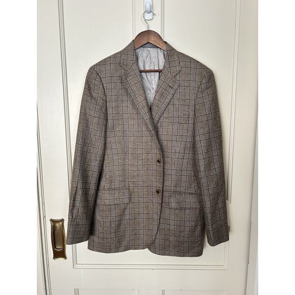 John W. Nordstrom Cashmere Silk Plaid Sport Coat Blazer Mens Size 42L Brown